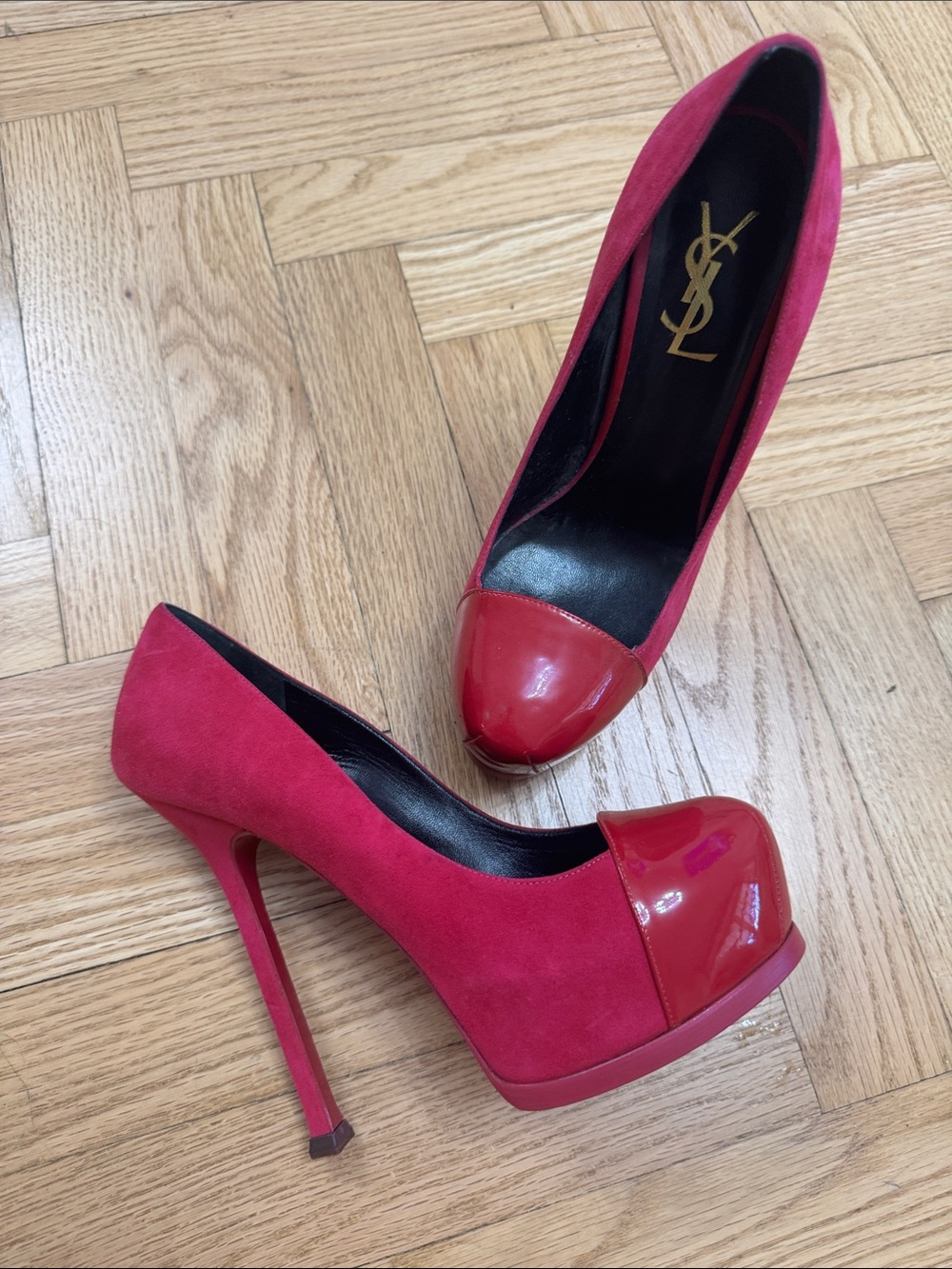 Yves Saint Laurent Red Suede and Patent Two-Tone Platform Pump